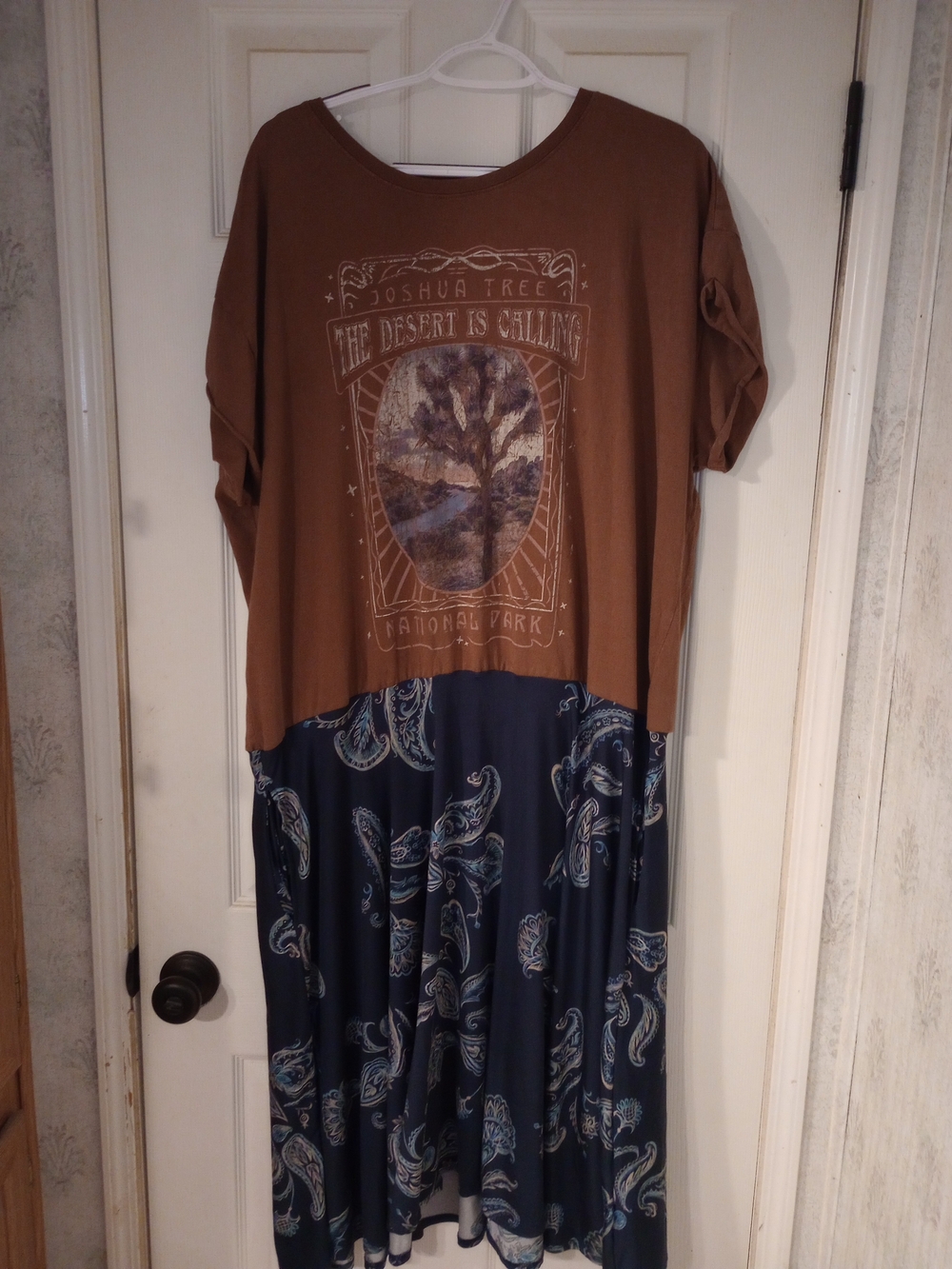 Brown Graphic Top & Navy Paisley Dress